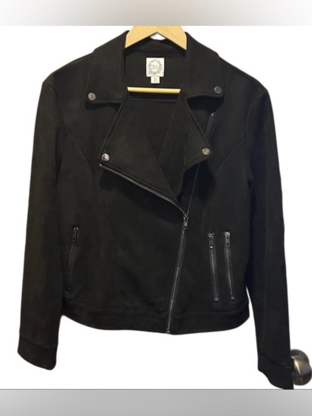 Blue Rain Faux Suede Leather Women’s Moto Jacket Black Multi Pockets Sz Medium